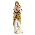 Mary holding baby Jesus and baby lamb while wearing gold and white apparel