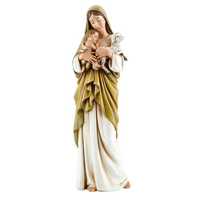 Mary holding baby Jesus and baby lamb while wearing gold and white apparel