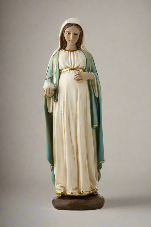 Pregnant Mary in a gold and white dress and blue cover holding a dove