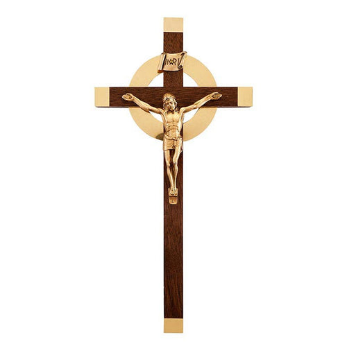 Gold and brown decorative cross with gold Jesus with white background