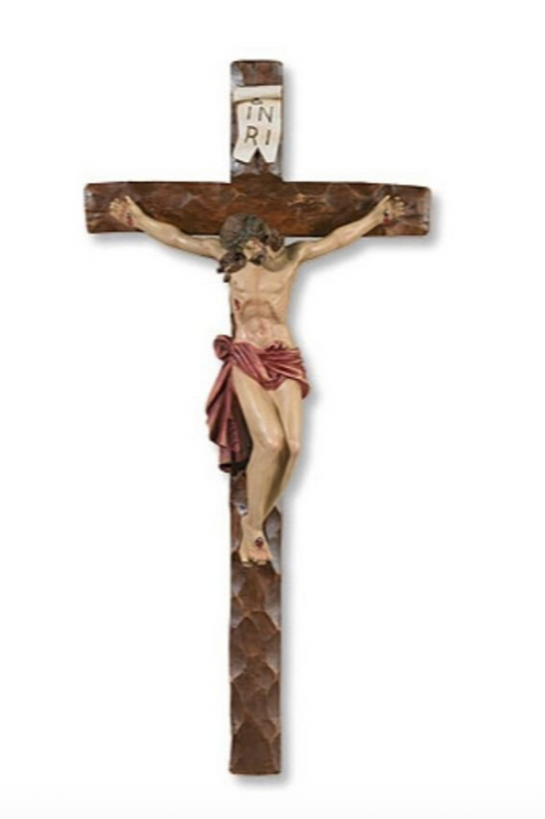 Wooden crucifix with flesh colored Jesus and red clothing