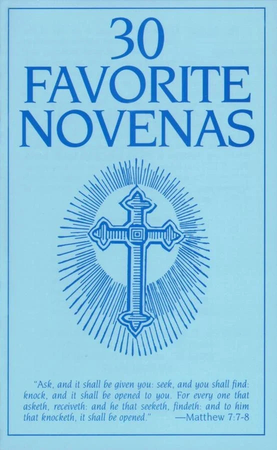 Book cover of '30 Favorite Novenas' with a blue background and cross illustration.