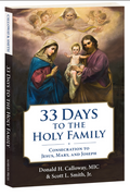 Book cover with holy family being watched by God “33 days to the holy family”