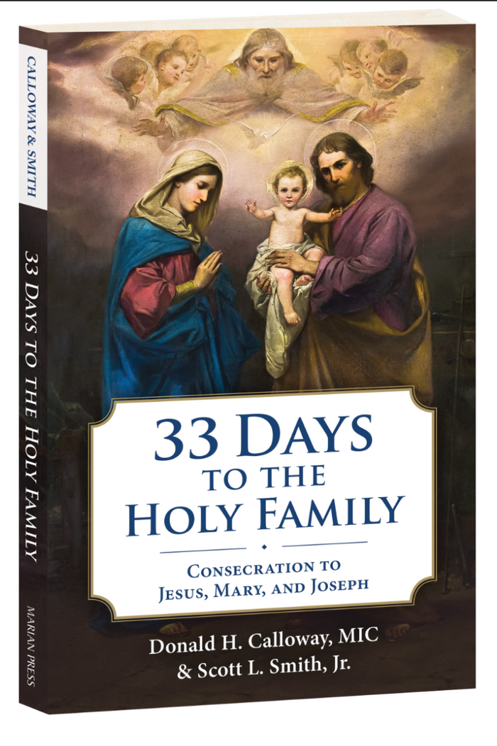 Book cover with holy family being watched by God “33 days to the holy family”