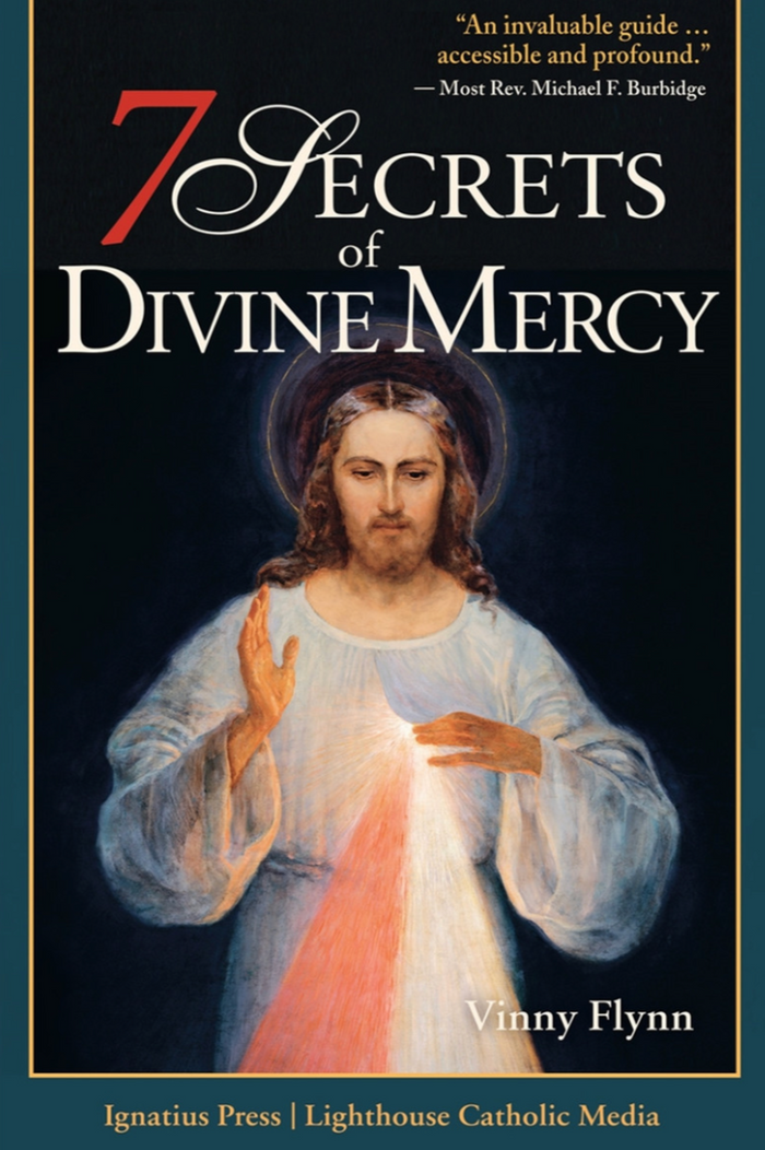 “7 secrets of divine mercy” Jesus book cover with dark blue border