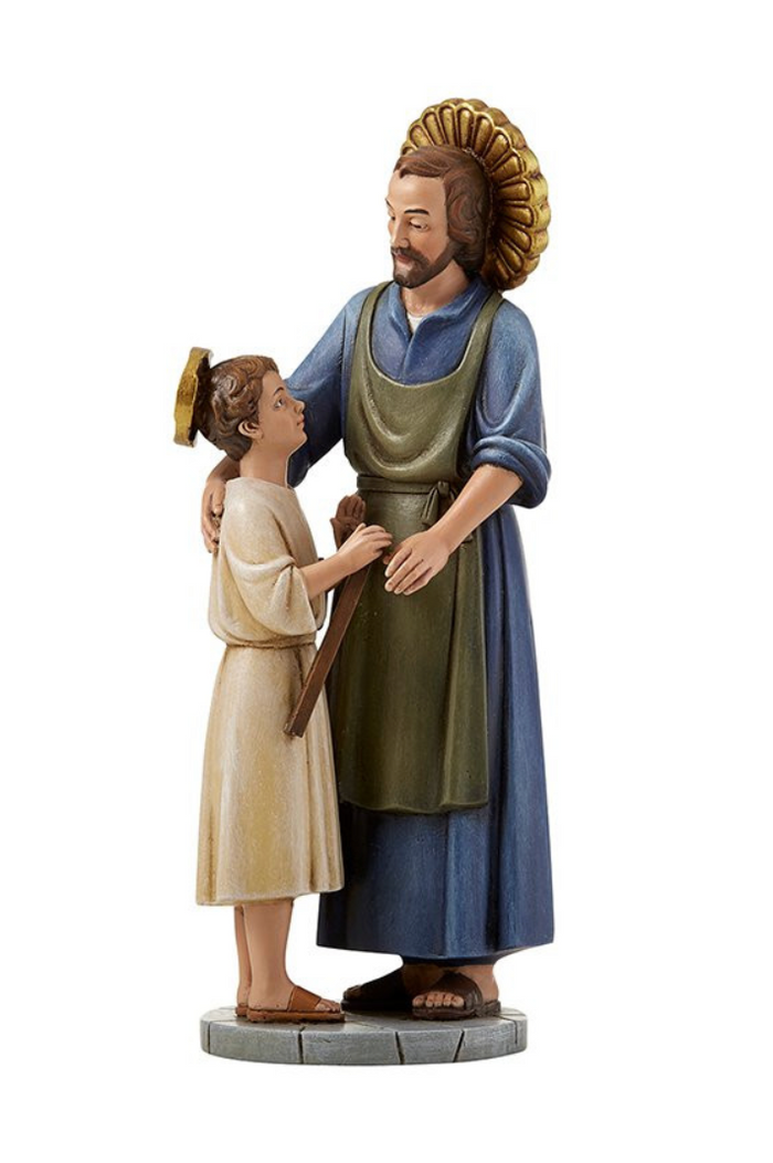 Statue of a man and a child hugging on a white background