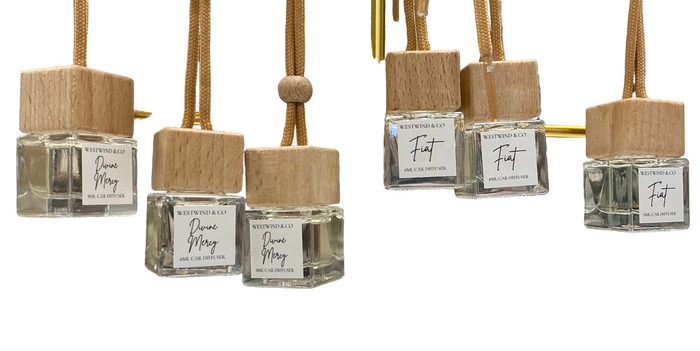 Fiat and divine mercy car diffusers hanging with white background