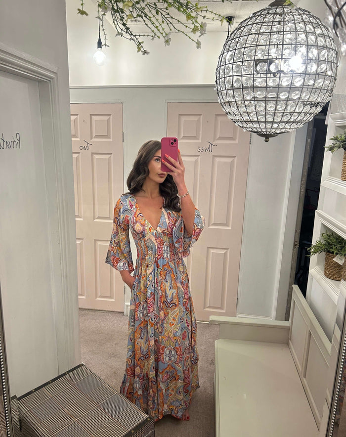 Abstract Paisley V-Neck Maxi Dress