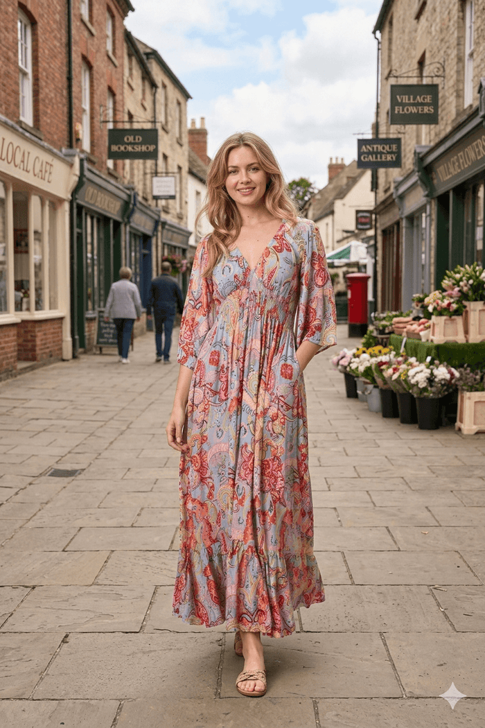 Abstract Paisley V-Neck Maxi Dress