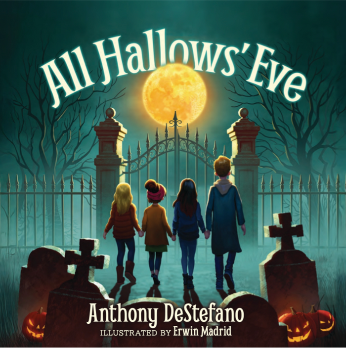 4 kids at night walk towards a graveyard with a full yellow moon book cover