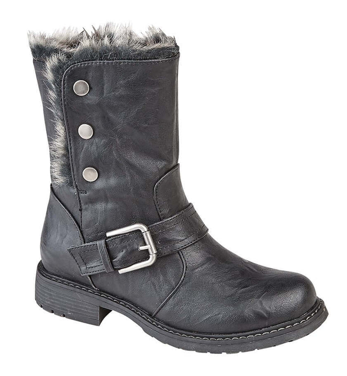 Andreana Press Stud Fold Down Biker Style Ankle Boot - Black