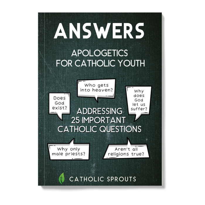 Book cover of 'Answers: Apologetics for Catholic Youth' with text and question bubbles on a dark background.