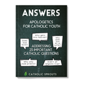 Book cover of 'Answers: Apologetics for Catholic Youth' with text and question bubbles on a dark background.