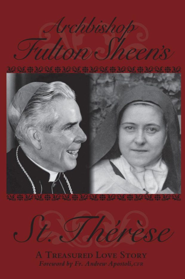 Black and white image of archbishop Fulton sheens and st Therese with red borders book cover