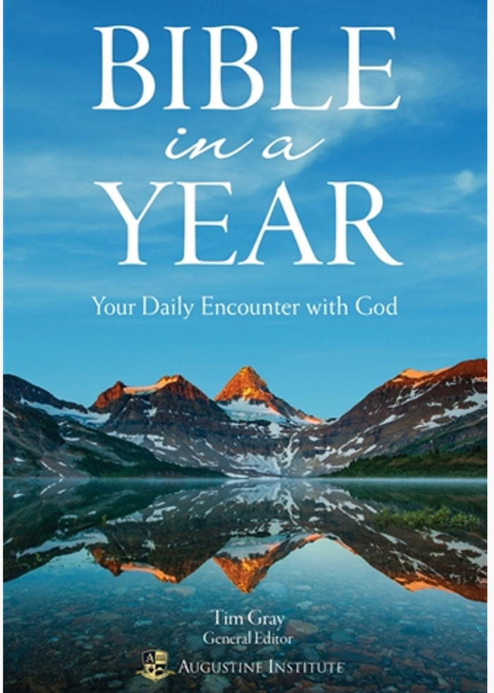 Bible in a year with mountains on lake