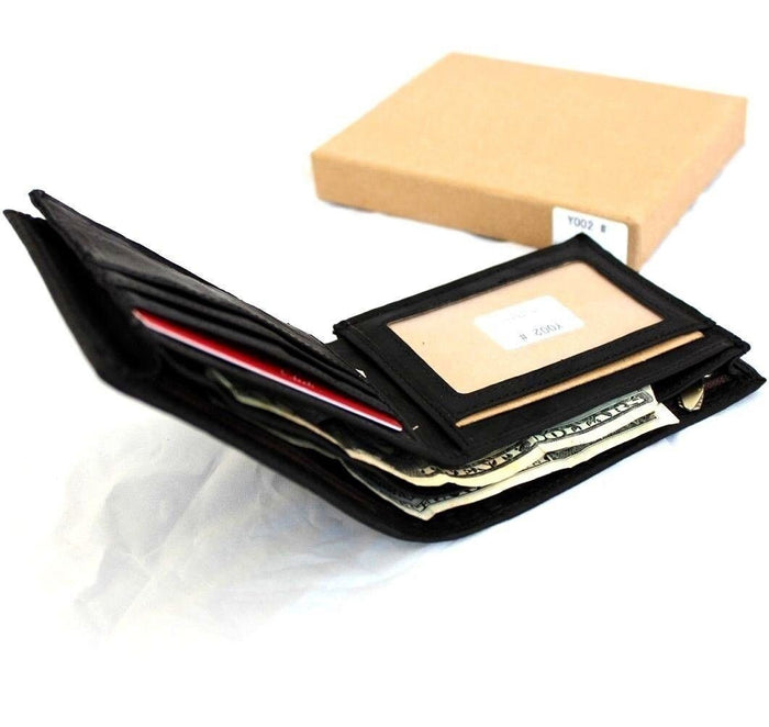 Black Leather Slim Wallet: 4 Card Slots, ID Window - Davidov Art