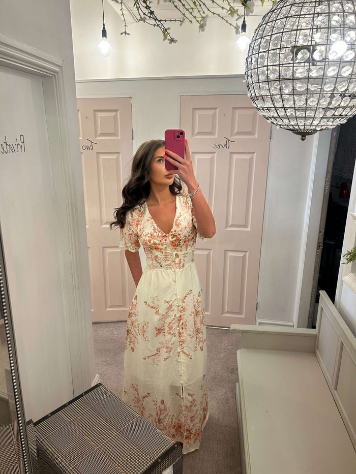 Blossom Print Button Through Cotton Maxi Dress