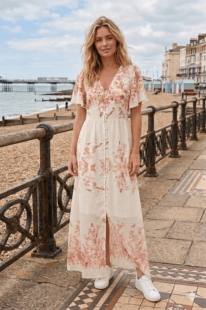 Blossom Print Button Through Cotton Maxi Dress