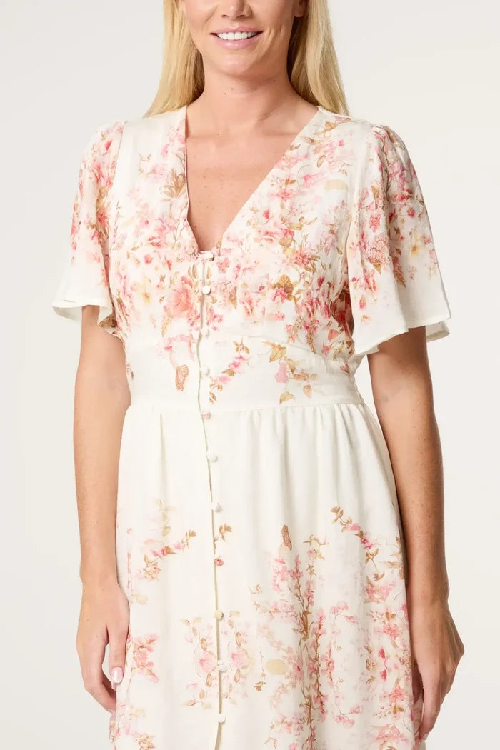 Blossom Print Button Through Cotton Maxi Dress