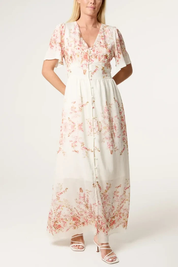 Blossom Print Button Through Cotton Maxi Dress
