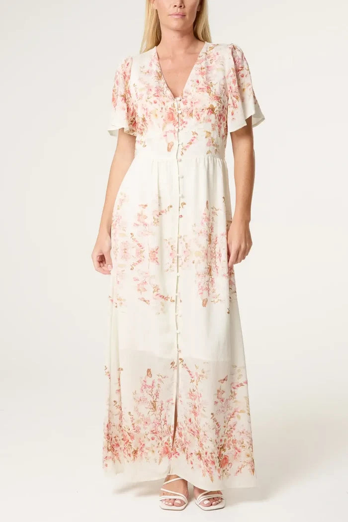 Blossom Print Button Through Cotton Maxi Dress