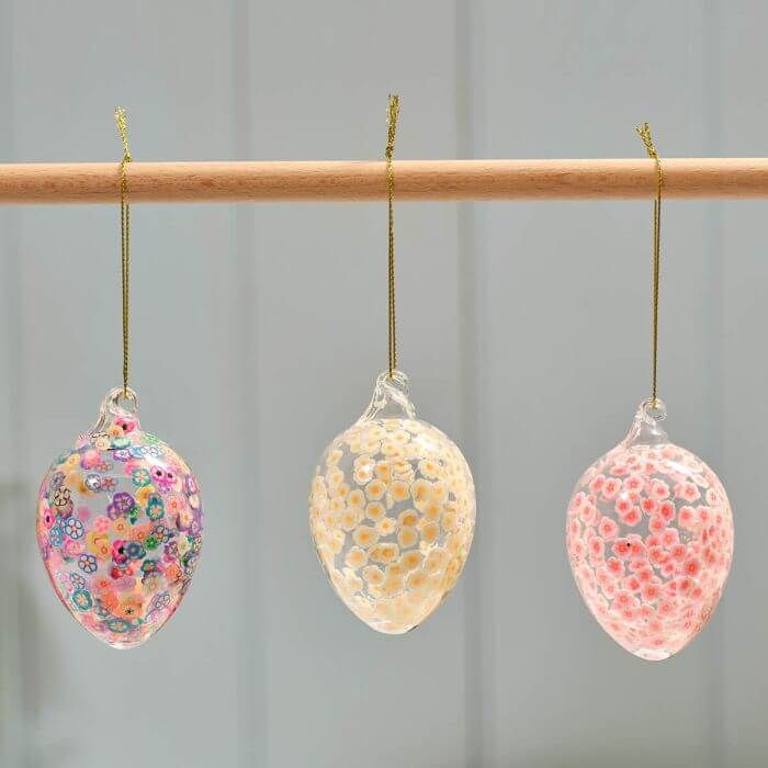Bunny Hops Floral Glass Hanging Eggs Set of 3