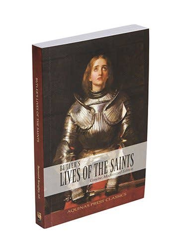 Book titled 'Lives of the Saints' with a historical illustration of Joan Arc on cover.