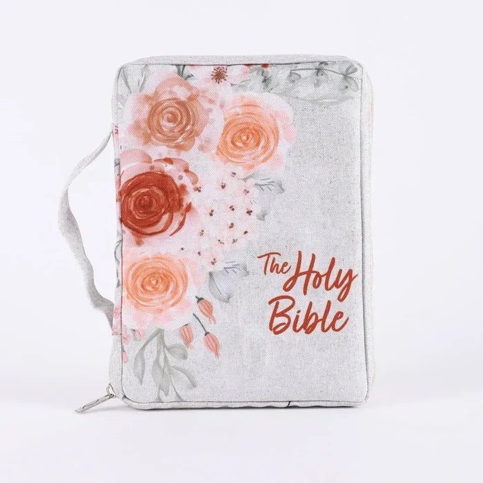 Floral-patterned Bible cover with 'The Holy Bible' text on a white background