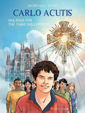 Book cover of 'Carlo Acutis: Holiness for the Third Millennium' with a young man and cathedral illustration.