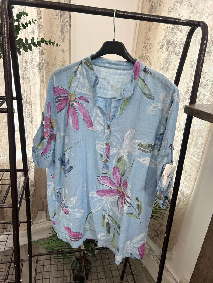 Casual 3 Button Blouse - Funky Floral