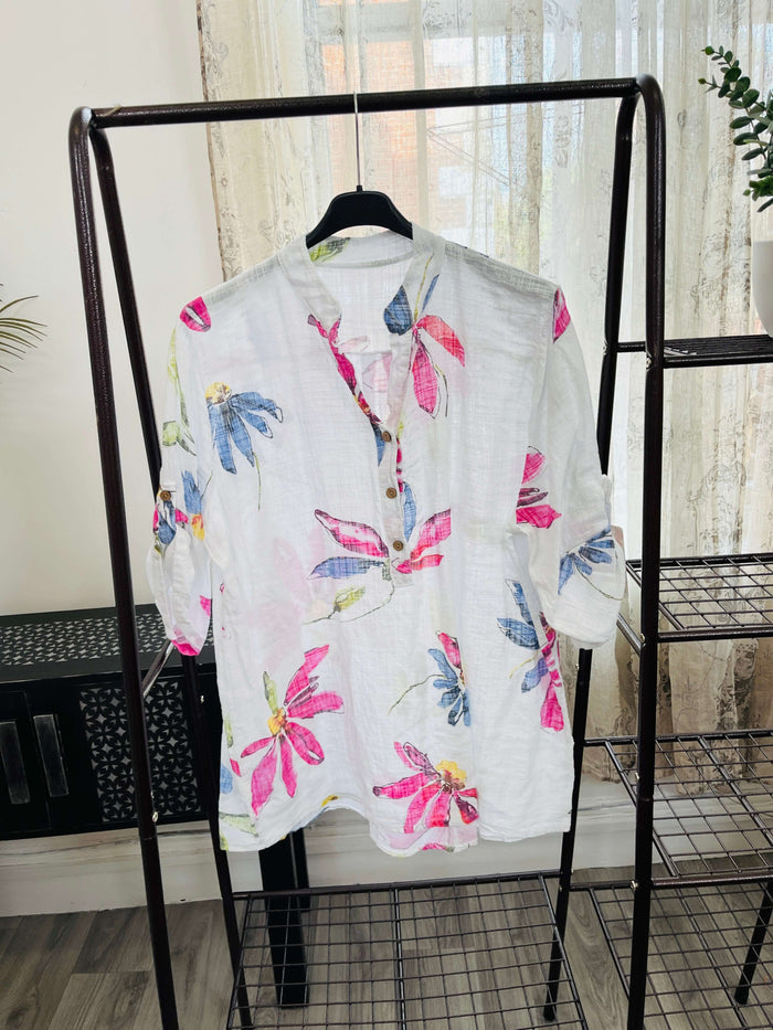 Casual 3 Button Blouse - Funky Floral