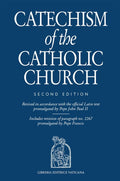 Catechism of the Catholic Church book cover with text and Vatican logo on a blue background