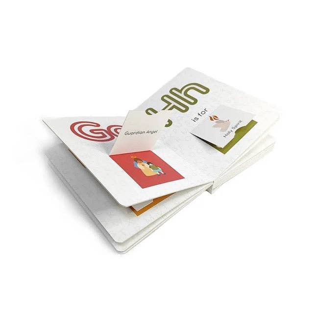 Children's alphabet book with colorful illustrations on a white background