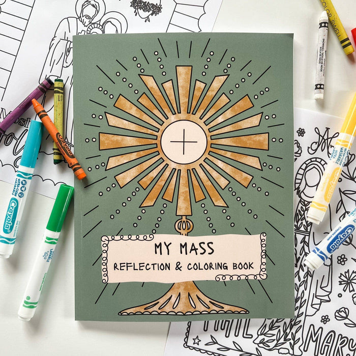 Coloring book titled 'My Mass Reflection & Coloring Book' with markers on a white surface