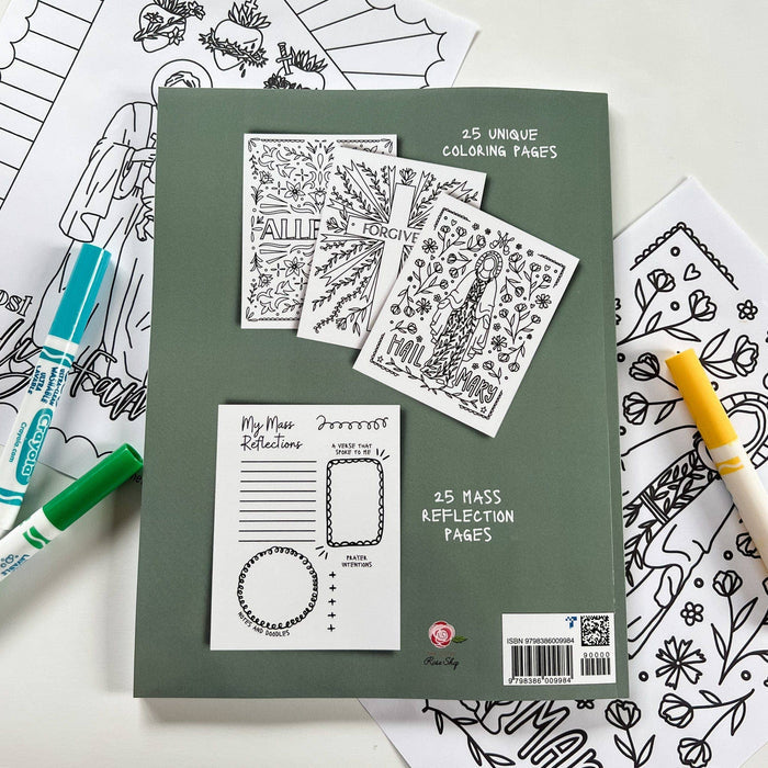 Green coloring book with coloring pages and markers on a white background