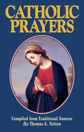 Book cover of 'Catholic Prayers' with an image of a praying Virgin Mary on a blue background.