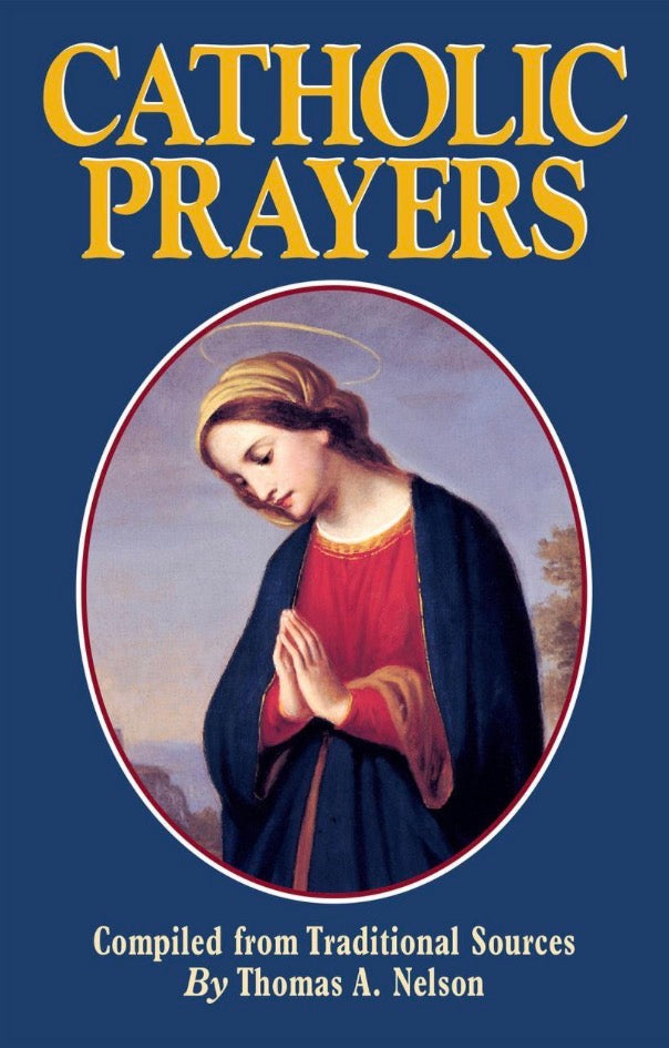Book cover of 'Catholic Prayers' with an image of a praying Virgin Mary on a blue background.