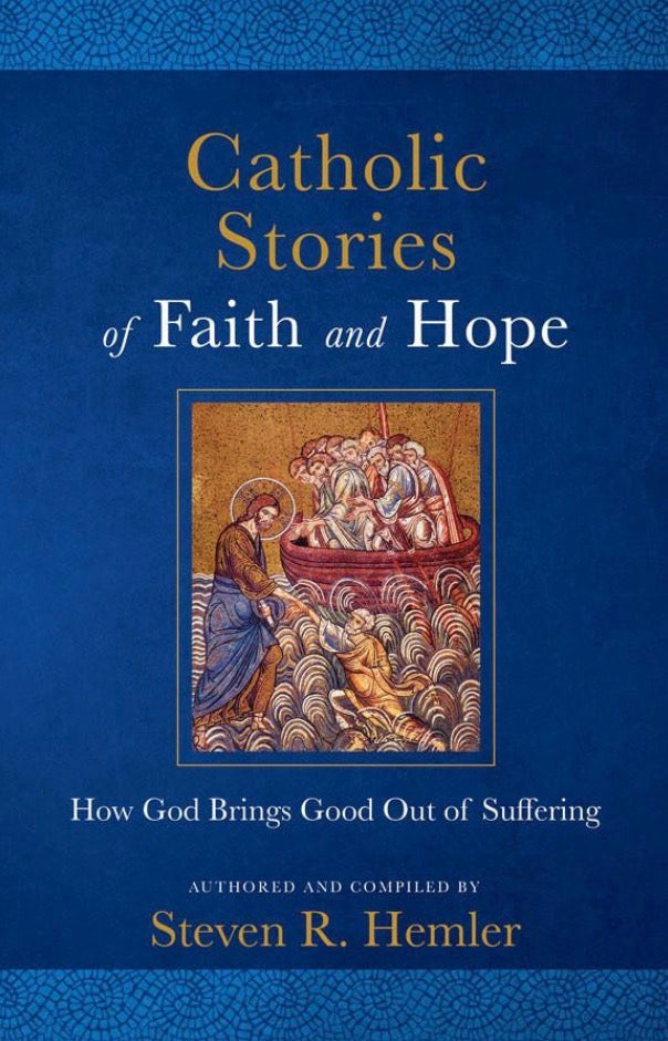 Book cover of 'Catholic Stories of Faith and Hope' with a blue background and illustration of a saint.
