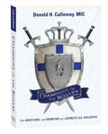 Book cover of 'Champions of the Rosary' with a shield and swords design on a white background.