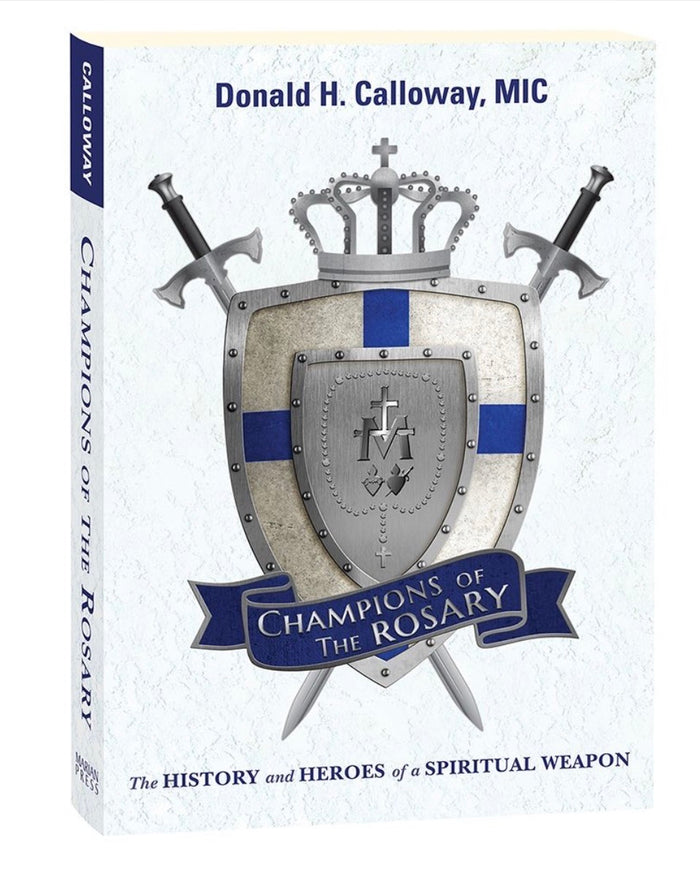 Book cover of 'Champions of the Rosary' with a shield and swords design on a white background.