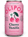 Pink can of Olipop Cherry Vanilla soda with cherry illustration, 12 fl oz, condensation on surface.
