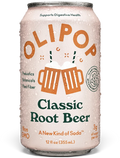 Aluminum can of OLIPOP Classic Root Beer, 12 fl oz, with condensation and orange beer mug graphics on pale pink label.