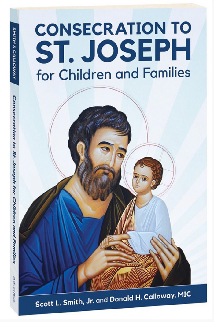 Book cover of 'Consecration to St. Joseph for Children and Families' with illustration of Saint Joseph holding a child.