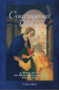 Book cover of 'Courageous Virtue' with a classical illustration of two women embracing.