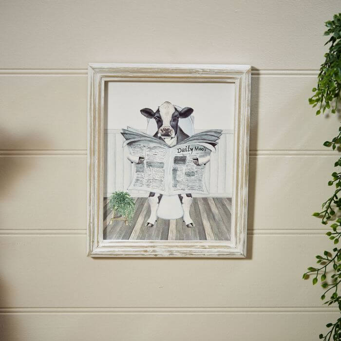Cow Reading the Paper on the Toilet Wood Printed Plaque