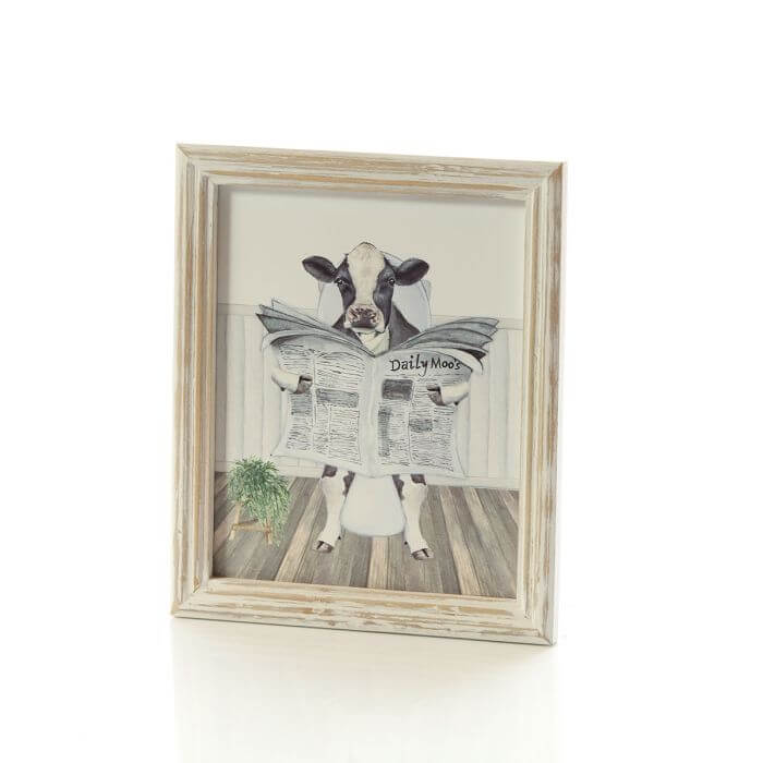 Cow Reading the Paper on the Toilet Wood Printed Plaque