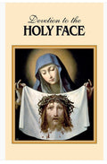 Poster of Devotion to the Holy Face with a depiction of a woman holding a cloth with Jesus' face.