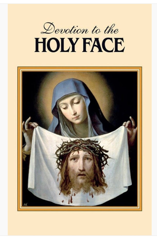 Poster of Devotion to the Holy Face with a depiction of a woman holding a cloth with Jesus' face.