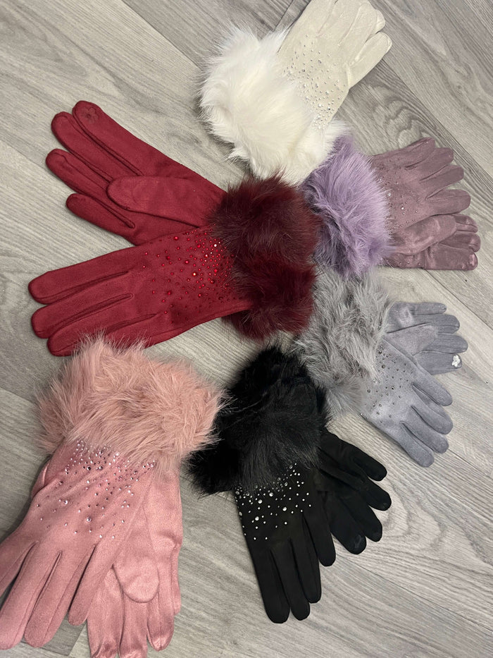 Diamonte Faux Fur Gloves