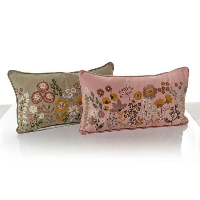 Ditsy Floral 100% Cotton Floral Embroidered Rectangular Cushion